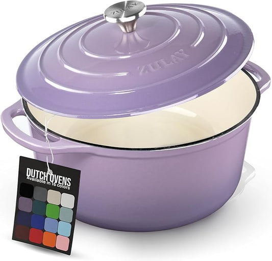 Zulay Kitchen 6 Quart Enameled Cast Iron Dutch Oven Pot with Lid ??Premium Durability & Oven Safe up to 500째F ??Heavy Duty Cookware Perfect for Bread Baking, Stews, Braising & Roasting ??Lavender Jade