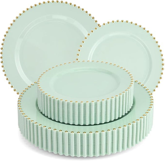 EI 60pcs Green Plastic Plates with Gold Rim,Disposable Plastic Plates Heavy Duty for Party,Sage Green and Gold Dessert/Dinner Plate for Birthday,Afternoon Tea,Wedding,Spring,Valentine's Day,Easter