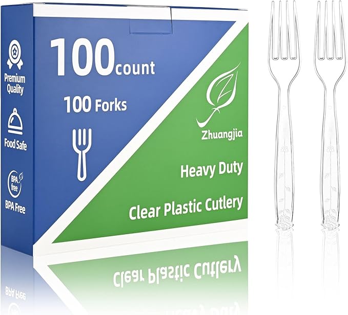 100 Count Extra Heavy Duty Clear Plastic Forks Disposable, BPA-Free, Heat Resistant, Durable Disposable Forks Bulk for Catering & Events ?갥arty Supplies