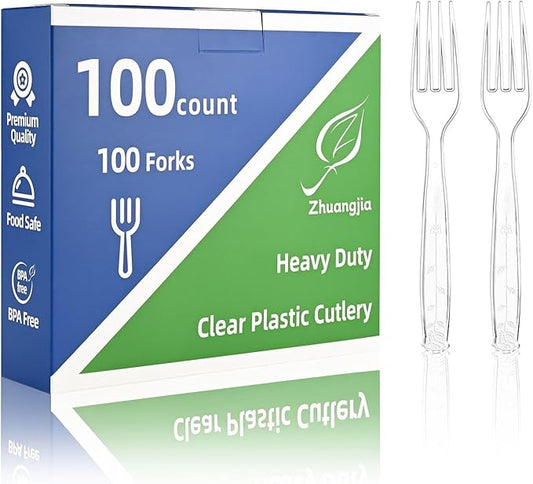 100 Count Extra Heavy Duty Clear Plastic Forks Disposable, BPA-Free, Heat Resistant, Durable Disposable Forks Bulk for Catering & Events ?갥arty Supplies