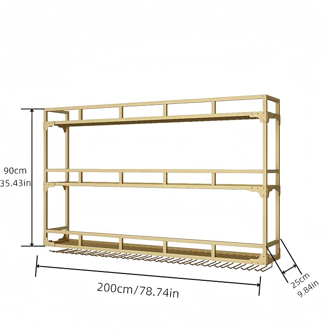 79 Inch Metal Wine Rack Wall Mounted, Bar Shelves Wall Mounted with LED Light, Large 3-Tier Liquor Bar Display Shelf with Wine Glasses for Home Bars, Dining Room & Kitchen, Gold
