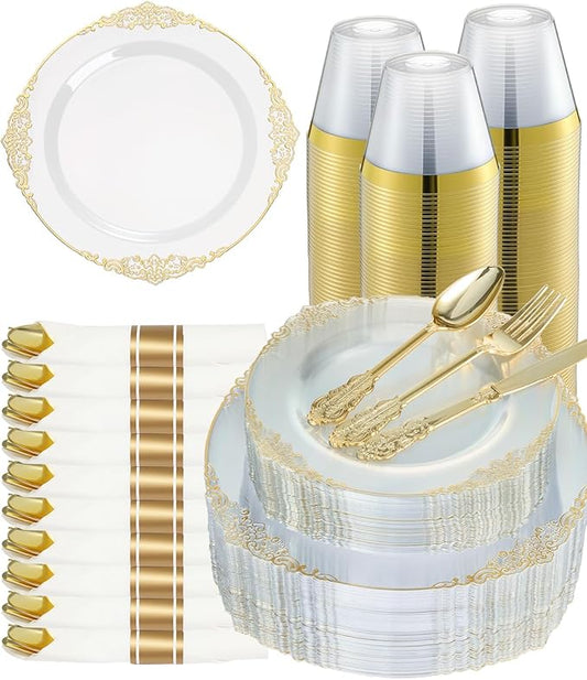 Goodluck 350 Piece Clear Gold Plastic Dinnerware Set for 50 Guests, Fancy Disposable Plates, Include: 100 Gold Rim Plastic Plates, 150 Silverwares, 50 Pre Rolled Napkins, 50 Cups for Party, Wedding