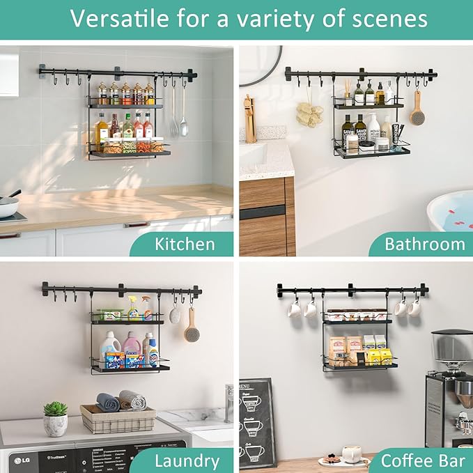 NADAMOO Kitchen Utensil Hanger and Spice Rack with Towel Rack Holder竊똚all Mount Space Saving Metal Storage Organizer for Pantry, Countertop, Bathroom