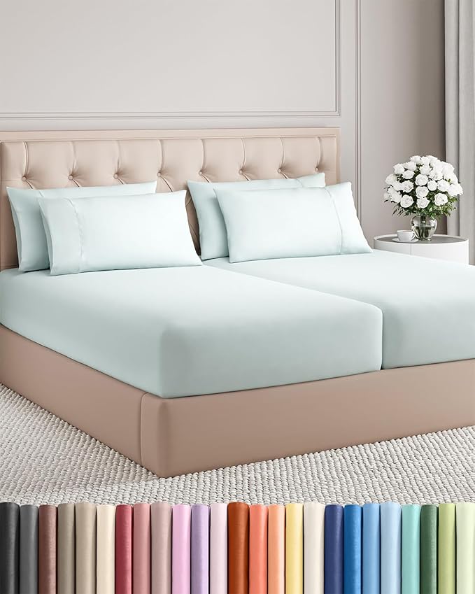Split King Sheets Set 7 Piece - Includes 4 Pillowcases - Bed Sheets Split King - Soft Hotel Luxury Bedding - Cooling, Comfy & Breathable - 1 Flat & 2 Fitted & 4 Pillowcases w/ Deep Pockets - Ice Blue
