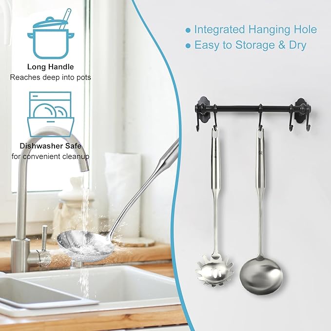 Stainless Steel Soup Ladle and Spaghetti Spoon Set - Large Ladle Spoon, Pasta Strainer, Durable Kitchen Cooking Utensils for Stirring, Serving Pasta, Soup & Sauce竊똂hristmas Gifts