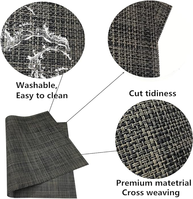 WAZAIGUR Placemats,Easy to Clean Crisscross Woven Vinyl Place Mats Durable Non-Slip Heat Resistant Table Mats,Placemats for Kitchen Table Set of 6,Grey