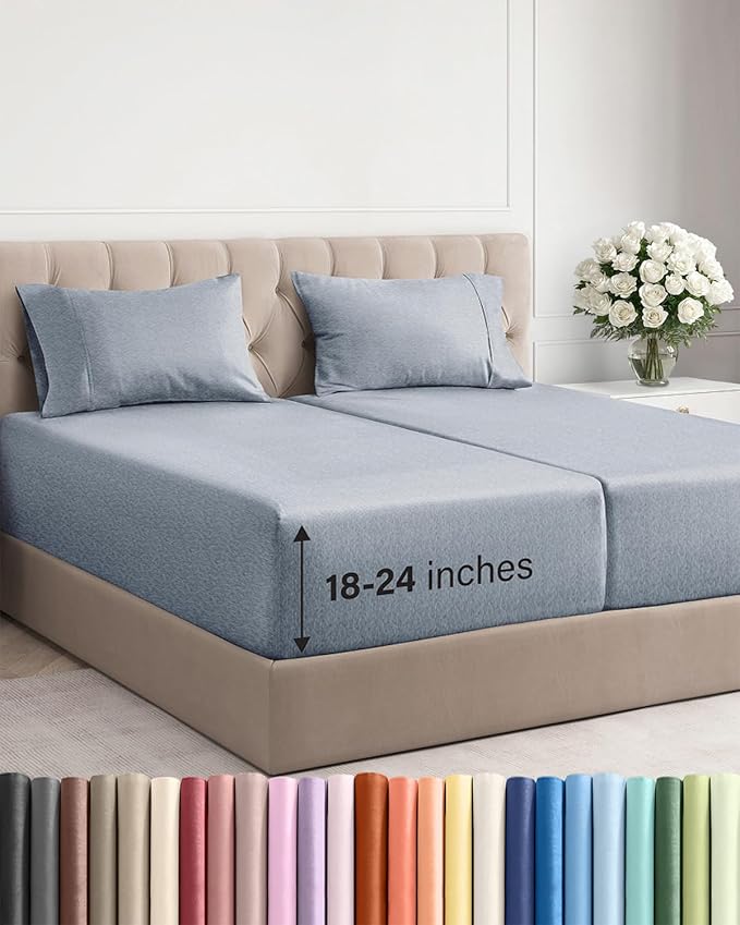Extra Deep Pocket Split King Sheets - 5 Piece Breathable & Cooling Bed Sheets - Hotel Luxury Bed Sheet Set - Soft, Wrinkle Free & Comfy - Easily Fits Extra Deep Mattresses - Heathered Blue Sheets Set