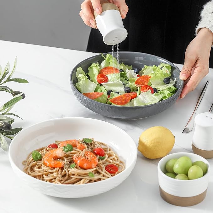 HASENSE 9" Large Pasta Bowls, 42 OZ Ceramic Salad Bowls Set of 2 for Serving Soup, Salad and Dinner, Embossed Wide and Shallow Pasta Plates for Kitchen and Eating, Microwave Safe, White and Grey