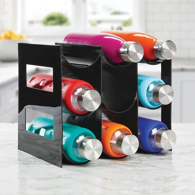 mDesign Plastic Water Bottle Organization/Wine Rack Storage Organizer for Kitchen Countertops, Cabinet, Bin, Pantry, Fridge, Refrigerator, 3 Tiers, 9 Bottles, Lumiere Collection - Black