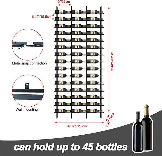 Large Wall Mount Wine Rack, 16 Tier 48 Bottle Wine Storage Organizer Display Holder, Modern Metal Wine Storage for Wine Cellars, Home Bars, Kitchens, and Dining Rooms