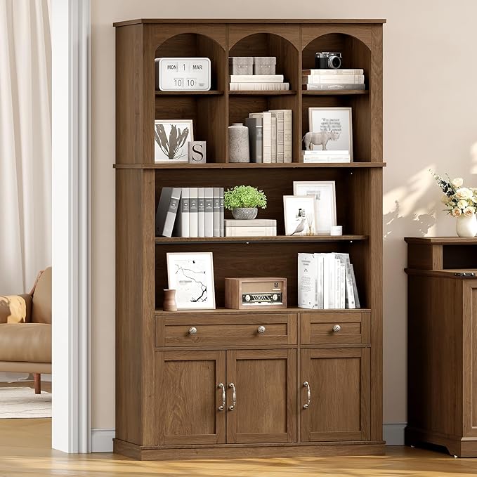 73.2" Tall Farmhouse Arched Bookshelf with Drawer and Door, 6 Tier Mid Century Modern Book Shelf and Bookcase with Storage, Floor Standing Display Cabinet for Living Room, Home Office, Walnut