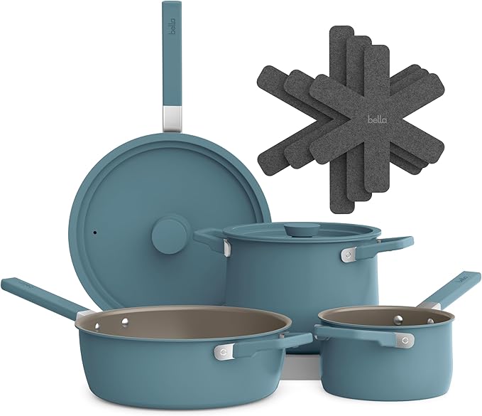 bella 9 Piece Ceramic Nonstick Cookware Set, Fits-anywhere??Kitchenware w EverGood??Coating, Dishwasher & Oven Safe, All Stovetops Compatible, Stackable Design, Cool Touch Handles, Surf