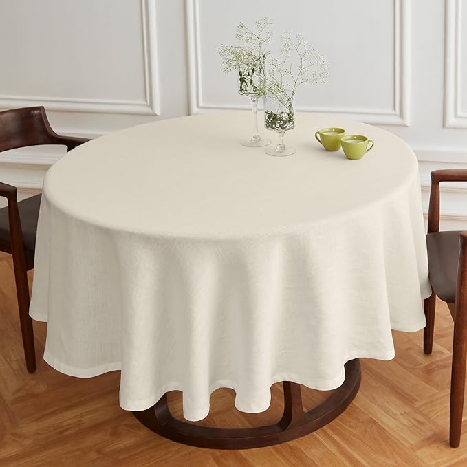 Solino Home Linen Round Tablecloth 70 Inch - 100% Pure Linen Ivory Round Tablecloth - Machine Washable Table Cloth for Spring, Easter - Sonoma