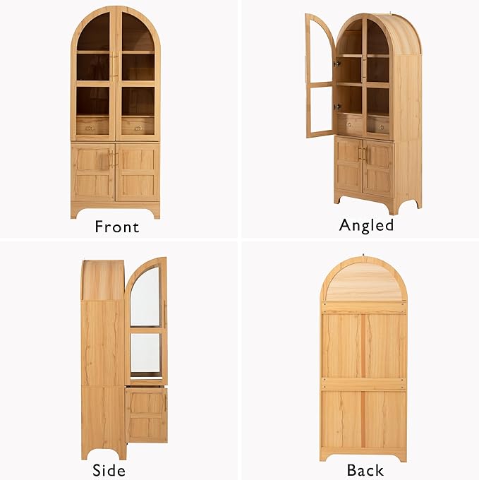 GDFStudio Mariah 71" Tall Arched Kitchen Pantry Cabinet with Hidden Drawer, Glass Door & Adjustable Shelves, Farmhouse Storage Cabinet Cupboard for Kitchen Dining Room, Home Pantry Storage, Natural