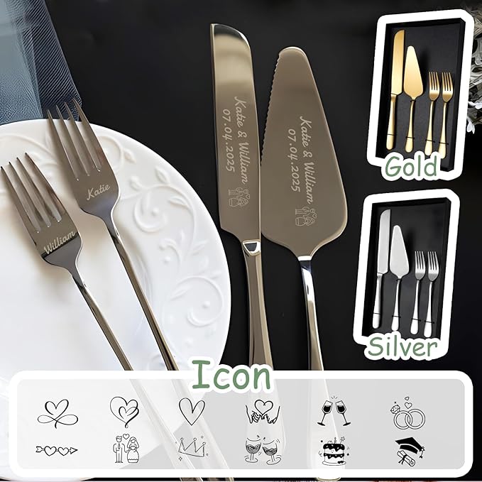 HJX Personalized Cake Knife and Server Set for Wedding - Engraved Stainless Steel Cake Cutting Set, Custom Elegant Cake Cutter Gift for Anniversary Birthday (06-Gift Box Silver)