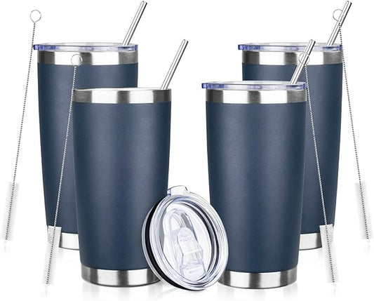 ATIKZHE 20oz Tumbler with Straw and Brush, Stainless Steel Vacuum Insulated tumbler, Double Wall Insulated Coffee Tumbler for Outdoor, Home, Travel,Office (Navy Blue,4pcs)