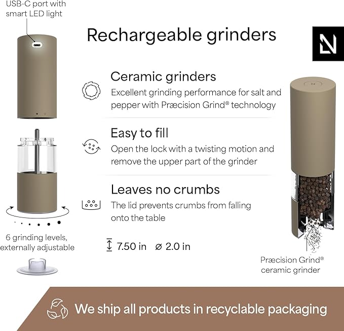 LARS NYS횠M Electric Salt and Pepper Grinder Set I Automatic Salt and Pepper Mills with Adjustable Ceramic Grinder I USB Rechargeable Electric Spice Mill Set with LED Light (Taupe Brown)