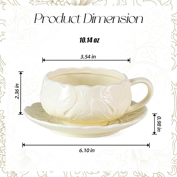 KAMMAK Tea Cups and Saucers Set of 2, Porcelain Coffee Cups, 10-Ounce Stackable Espresso Mugs, Ceramic Demitasse for Coffee, Latte, Americano, Tea, Cubic Rose