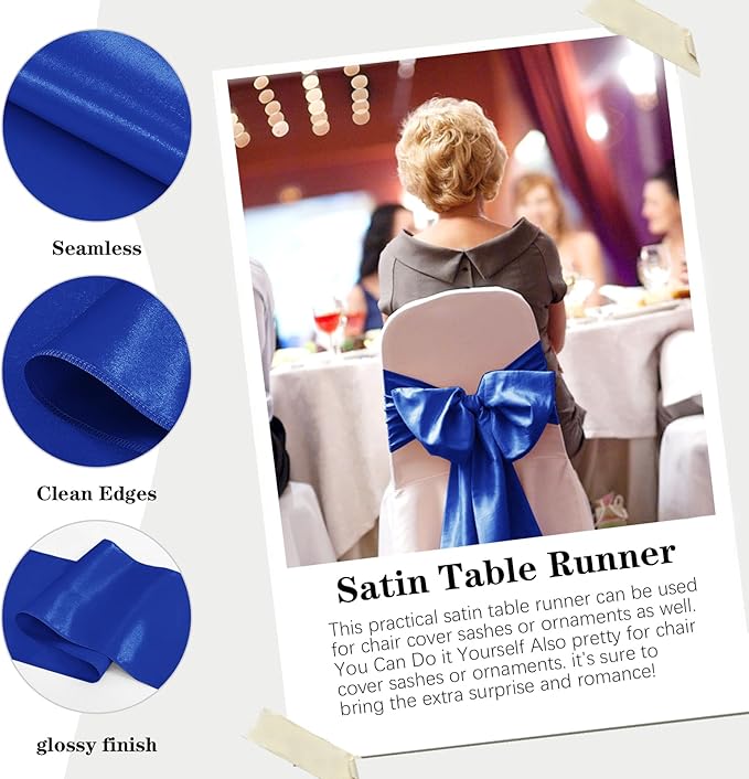 Yblut 10 Pack Satin Table Runner 12 x 108 Inch Long Royal Blue Silk Table Runner for Wedding Party Banquet Birthday Decoration