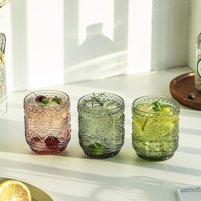 Luminthra Elegant Vintage Crystal Glassware Set, Embossed Floral Drinkware, 12oz Green and Multi-Color Glass Cups for Wine, Cocktails, and Beverages (Gray)