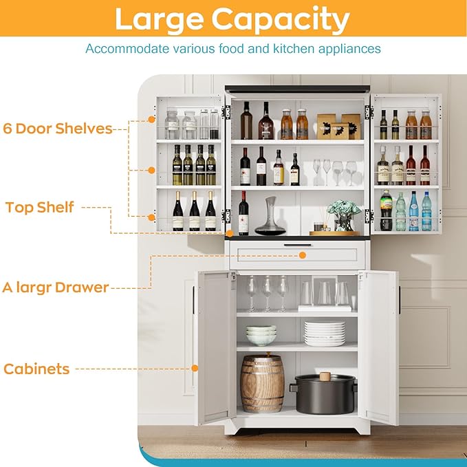 LMTC 71?쇺?H Pantry Cabinet, Kitchen Storage Cabinet with 4 Adjustable Shelves, Tall Storage Cabinet with 6 Door Shelves and a Drawer, Metal Pantry Cabinet for Kitchen, Dining Room, Living Room