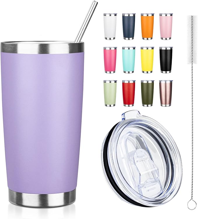 ATIKZHE 20oz Tumbler with Straw and Brush, Stainless Steel Vacuum Insulated tumbler, Double Wall Insulated Coffee Tumbler for Outdoor, Home, Travel,Office (Lilac,1pcs)