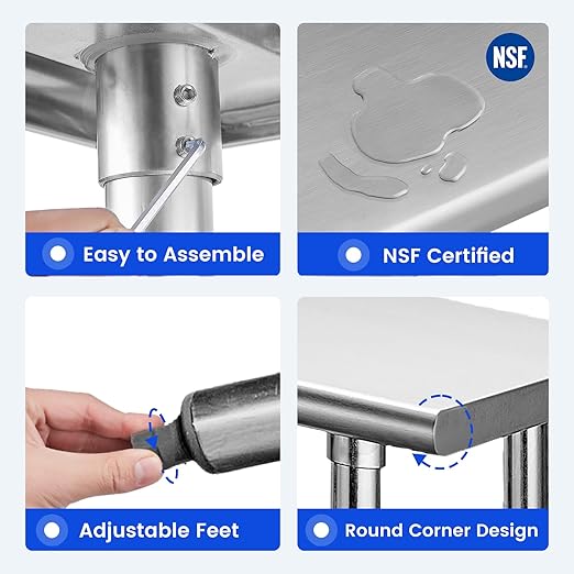 Hally Stainless Steel Table for Prep & Work 14 x 48 Inches, NSF Commercial Heavy Duty Table with Undershelf and Galvanized Legs for Restaurant, Home and Hotel