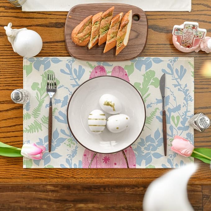Artoid Mode Pink Bunny Leaves Bow Easter Placemats Set of 4, 12x18 Inch Spring Table Mats for Outdoor Home Party Kitchen Dining Decor