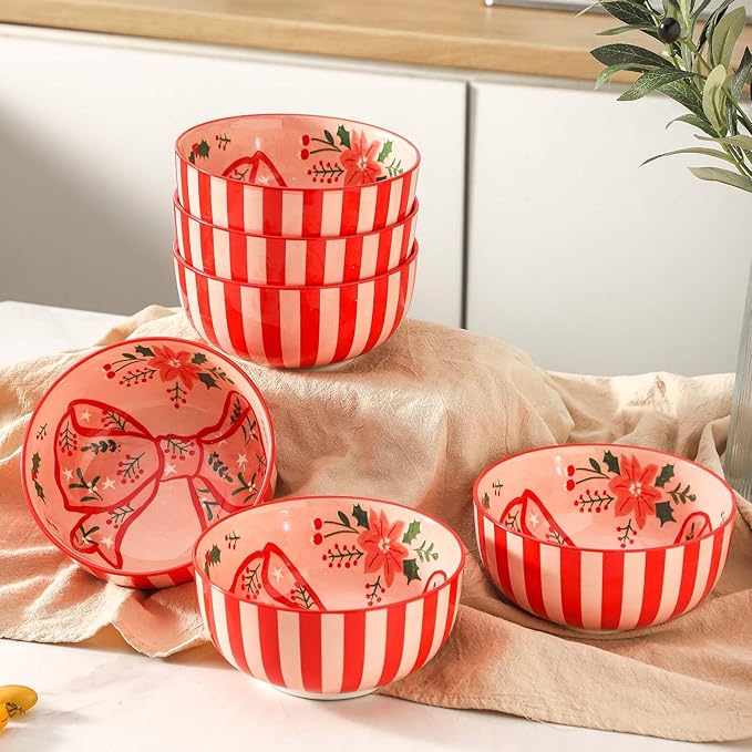 glowworm Cereal Bowls Set of 6, 26 Oz Ceramic Soup Bowls, Cereal Bowls for Rice, Oatmeal, Fruit, Ice Cream, Dessert, Dishwasher & Microwave safe, Pink