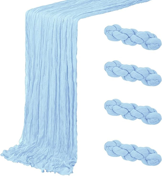 4 Pack Baby Blue Cheesecloth Table Runner 20 x 120 inch Gauze Table Runners 10 FT Long,Semi Sheer Cheese Cloth Fabric Table Runner Bulk for Wedding,Party,Baby Shower,Bridal Shower Decoration