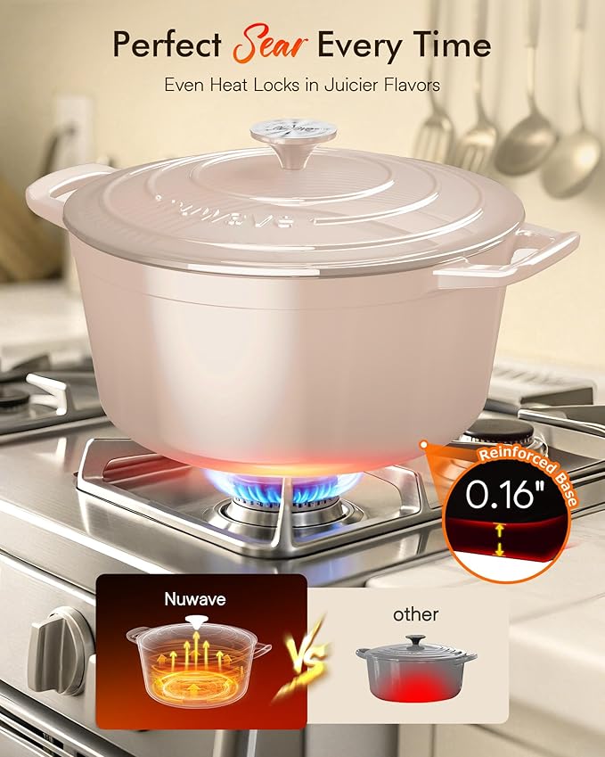 Nuwave 6QT Healthy Enameled Cast Iron Dutch Oven Pot with Lid, Heavy Duty 7-Layer Enamel, Enhanced Rust Protection, Dual Handles, Oven Safe to 500째F for Sourdough Bread Baking, Braise, Stew, Roast