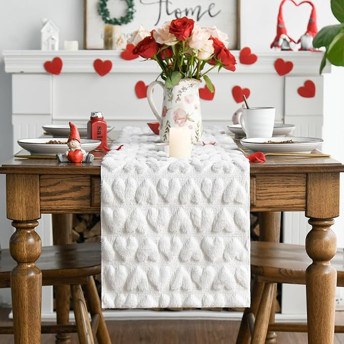 Artoid Mode White Soft Plush Faux Fur Jacquard Heart Valentine's Day Table Runner, Seasonal Kitchen Dining Table Decoration for Home Party Decor 13x48 Inch