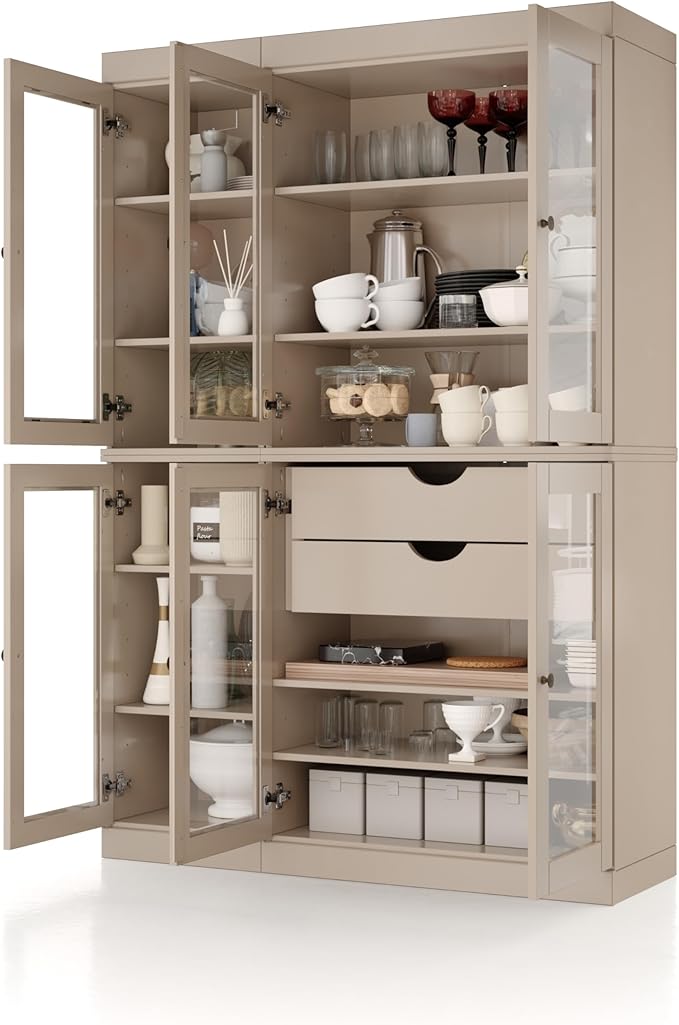 Palace Imports 100% Solid Wood 48.5" Pantry China Cabinet with Clear Glass Doors, 2-Drawers and Adjustable Shelves (Beige)