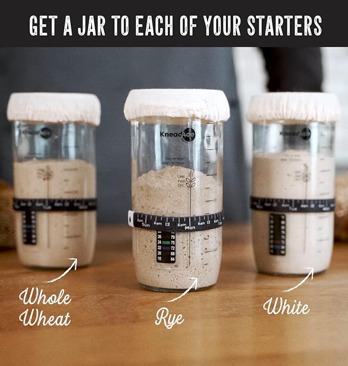 KNEADACE Sourdough Starter Jar With Date Marked Feeding Band, Thermometer, Sourdough Jar Scraper, Sourdough Container Sewn Cloth Cover & Metal Lid, Sourdough Starter Kit (2 Pack)