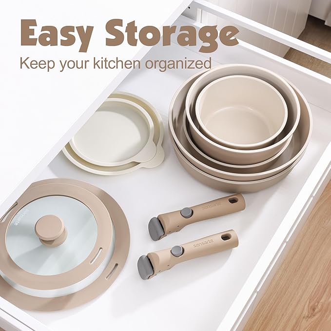 SENSARTE 24 Piece Ceramic Pots and Pans Set, Nonstick Detachable Handle Cookware, Induction Cookware Set with Removable Handle, Healthy Non Stick for RV, Dishwasher竊냀ven Safe, PFOA Free (Almond Beige)