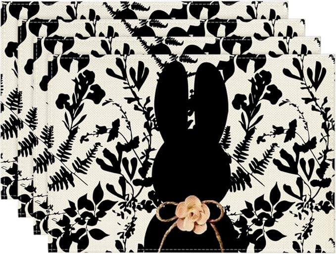 Artoid Mode Black Bunny Leaves Bow Easter Placemats Set of 4, 12x18 Inch Spring Table Mats for Outdoor Home Party Kitchen Dining Decor
