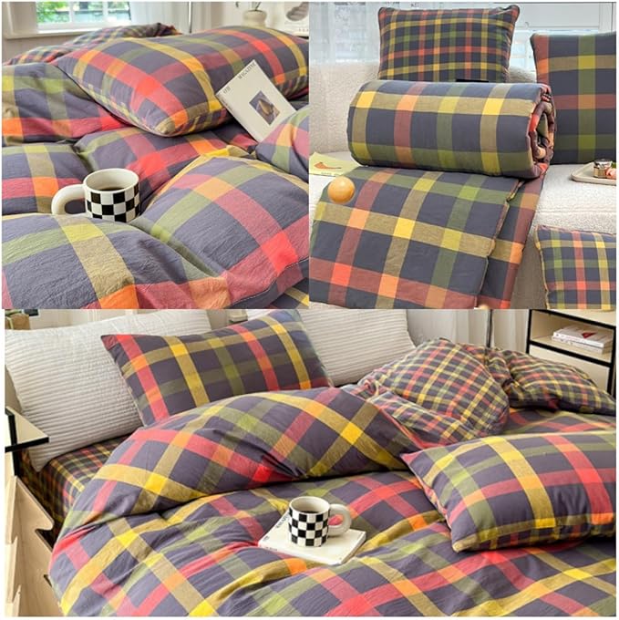 LifeTB Full Comforter Set Geometric Checkered Pattern Comforter Multicolor Grid Plaid Gingham Bedding Comforter Set Fluffy Soft Lightweight Bedding 3 Pieces Grid Bed Comforter with 2 Pillowcases