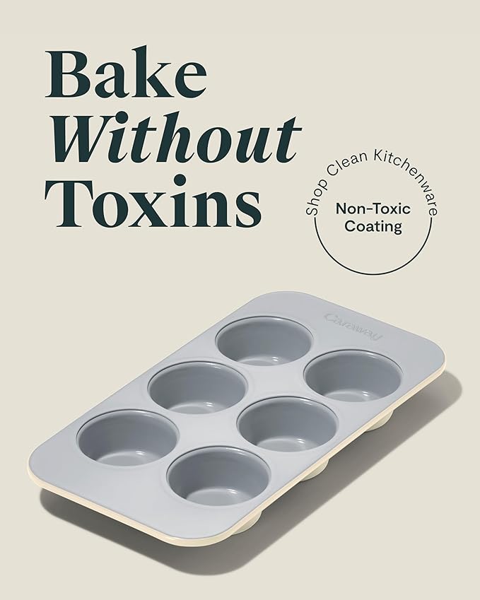 Caraway Nonstick Ceramic 6 Cup Muffin Pan Duo ??Non-Toxic, PTFE & PFOA Free ??Oven Safe ??Aluminized Steel Core ??Small Muffin Pan for Baking Cupcakes, Muffins & More - Cream
