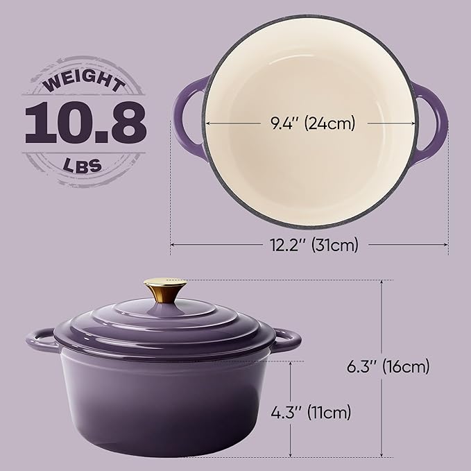 Vintage Style 4.5 Quart Dutch Oven Pot with Lid, Non Stick Enameled Cast Iron Dutch Oven for Bread Baking, Heavy-Duty, Oven Safe Ceramic Cookware Up to 500째F for Baking, Braising, Stews, Roasting, Purple