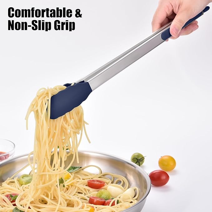 Doosu Kitchen Tongs for Cooking - 600째F Heat Resistant Food Tong with Non-Scratch Silicone Tips, Heavy Duty Stainless Steel Locking Tong for BBQ, Grilling Steak, Serving Salad Pasta (16in, Navy Blue)