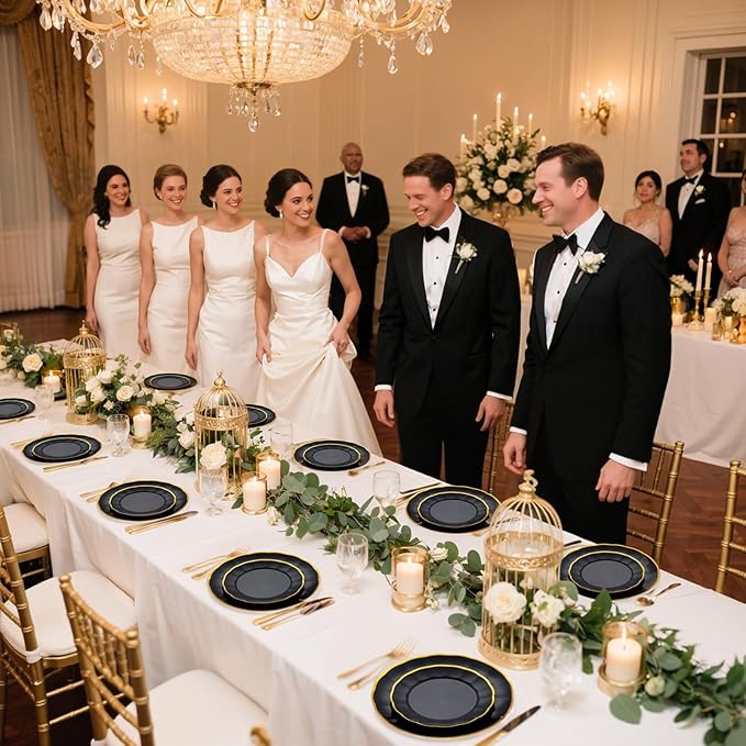 EI 150pcs Black Plastic Plates,Black and Gold Fancy Plate,Gold Plastic Silverware,Black and Gold Dinnerware Set,Premiun Heavy Duty Taleware,Perfect for Party,Wedding,Business Events,Hotel Banquets