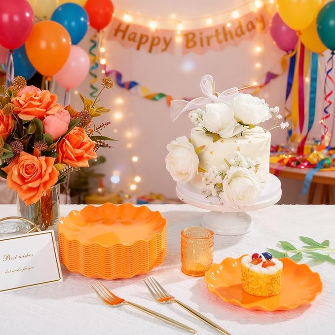 LIYH 20 Pcs 7.5 Inch Orange Plastic Plates Reusable - Unbreakable Dessert Scalloped Plates-Dishwasher Safe for Halloween & Thanksgiving Party BPA Free