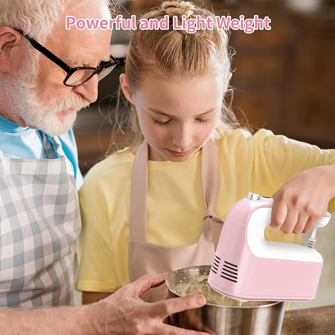 9-Speed Digital Hand Mixer Electric, 400W Powerful DC Motor, Baking Handheld with Snap-On Storage Case, 5 Stainless Steel Accessories, Flat Beaters, Dough Hooks, Whisk(Pink/White)