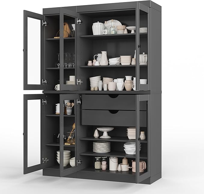 Palace Imports 100% Solid Wood 48.5" Pantry China Cabinet with Clear Glass Doors, 2-Drawers and Adjustable Shelves (Gray)