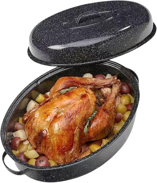 19??Turkey Roasting Pan Enamel Oval Granite Large Roaster Pan with Lid with 17in Inner Diameter Large Capacity Suitable for Thanksgiving Enamel Cook Ware Dishwasher Compatibility Oven Christmas Gift