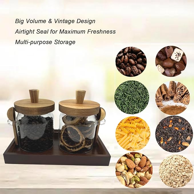 Glass Jars with Brown Wooden Lids and Scoop, Airtight Food Storage Containers with Tray for Sugar Coffee Bean Candy Spice (2, Brown, 13 oz)