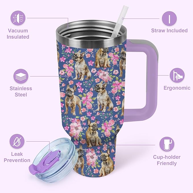 Yogusut Bulldog Gifts for Women, 40oz Stainless Steel Insulated Tumbler Travel Mug Cup with Handle Straw, Gifts for Dog Mom Dog Lover