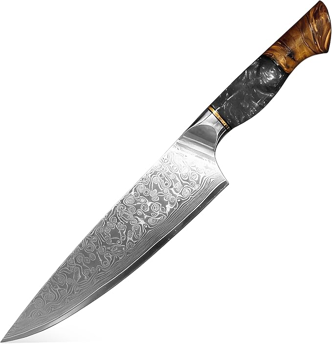 Damascus Kitchen Knife, 67-Layer Damascus Steel, 13??Professional Chef Knife Set for Kitchen, Ergonomic Wood & Resin Handle in Gift Box, Ideal for Gifting (Black, 1 piece)