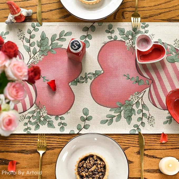 Artoid Mode Pink Eucalyptus Hearts Valentine's Table Runner, Anniversary HoliKitchen Dining Table Decoration for Home Party Decor 13x120 Inch