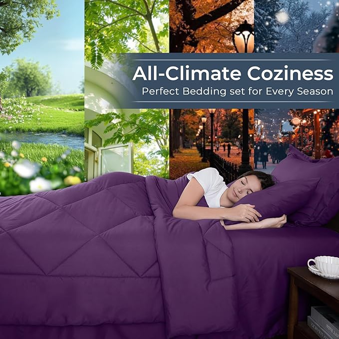 HEVUMYI Grape Purple California King Comforter Set - 7-Piece All Season Bed in a Bag Cal King, Ultra Soft Bedding Set with Comforter, Flat Sheet, Fitted Sheet, Pillowcases, Pillow Shams
